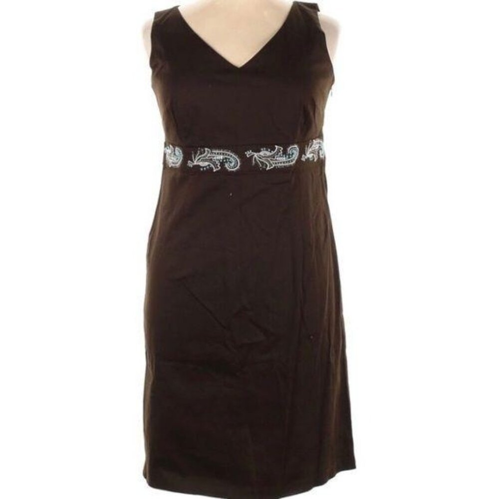 Ann Taylor Loft Brown Sleeveless Dress Embroidered Paisley Waistband Size 14